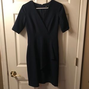 Maggy London Navy Blue Elbow Sleeve Ruffle Wrap Sheath Dress